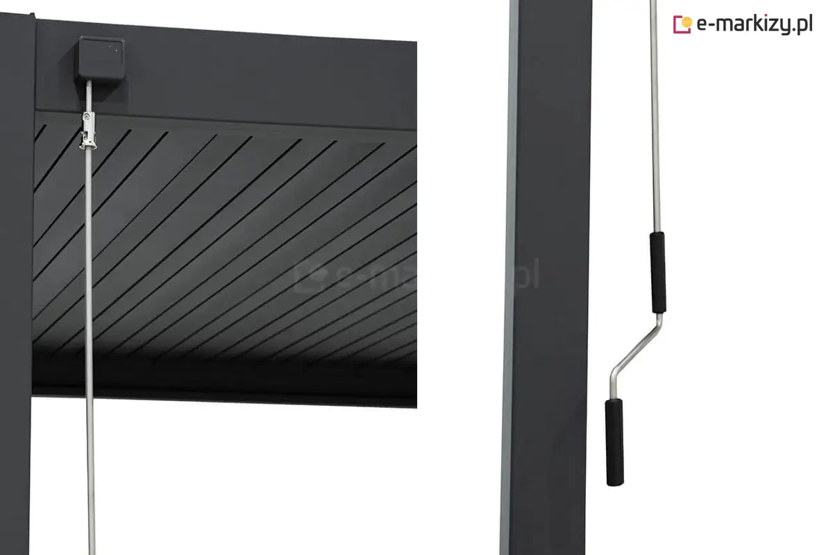 Pergola Gloria wyposażona jest w estetyczną korbkę z lekkim mechanizmem do obracania piórami