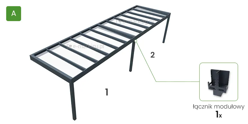 Użycie jednego łącznika modułowego w celu połączenia podpór dwóch ściennych zadaszeń szklanych Spekta Glass
