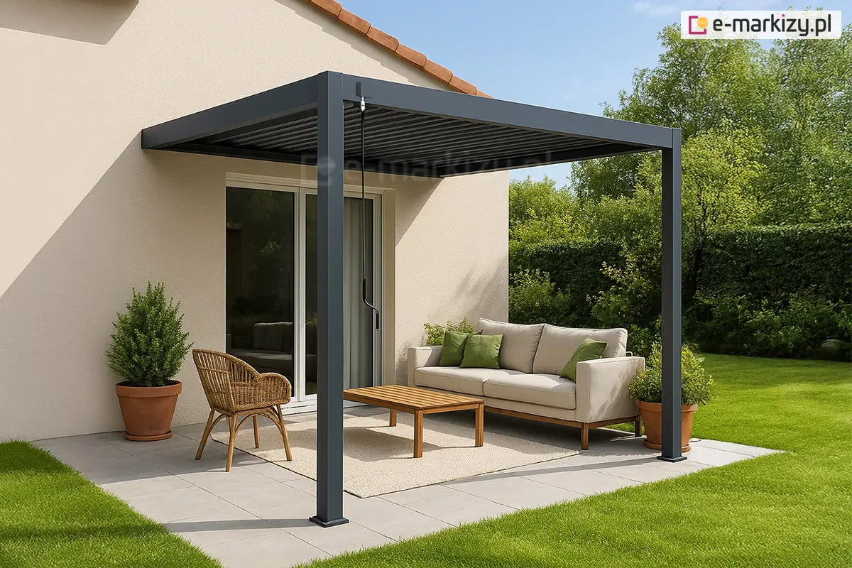 Pergola Marlo z ruchomymi żaluzjami dachowymi zamontowana na nasłonecznionym tarasie – nowoczesne i funkcjonalne zadaszenie przy domu chroniące przed słońcem miejsce wypoczynku z kanapą i stolikiem.