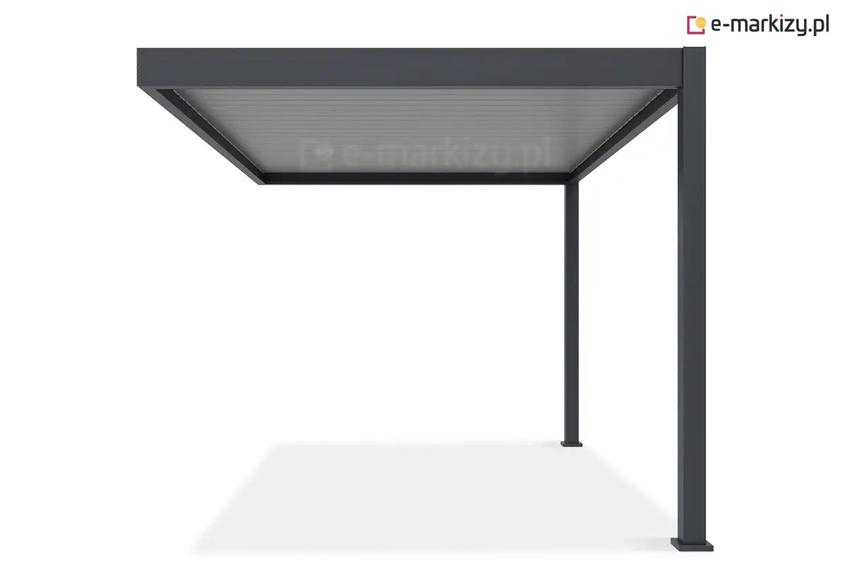 Widok boczny pergoli Marlo montowanej do ściany. Estetyczna, bez widocznych łączników, z pełnym zabezpieczeniem antykorozyjnym.