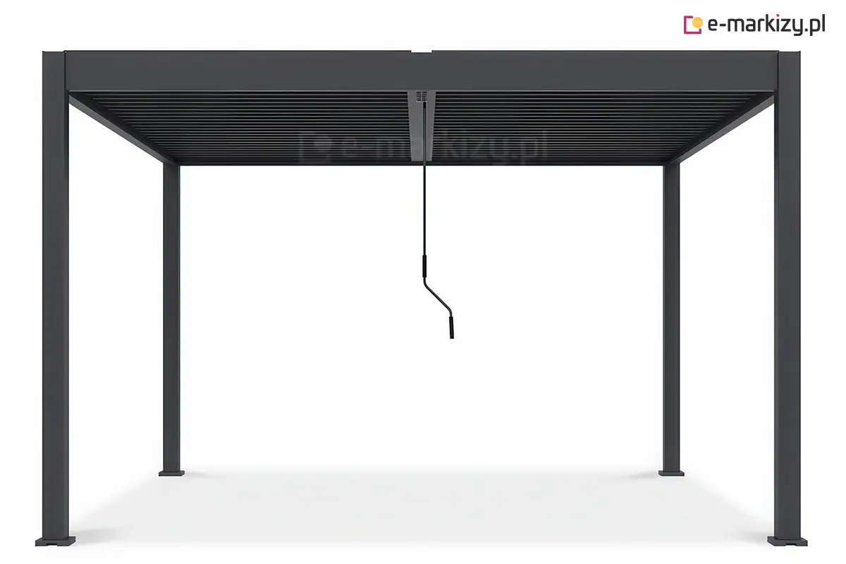 Manualna korbka do sterowania dachami pergoli Marlo Duo zamontowana centralnie pod podwójnym zadaszeniem lamelowym, antracytowa pergola ogrodowa z pełną regulacją światła