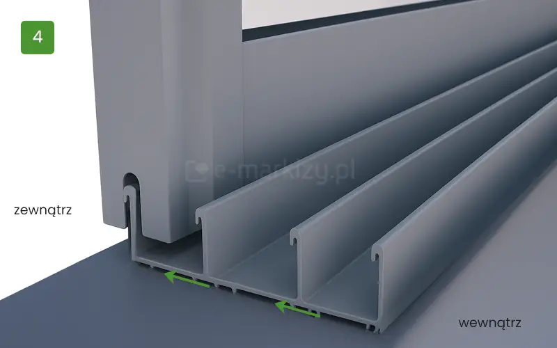 Prowadnica dolna systemu Sotro powinna zostać zamontowana z zachowaniem spadu w stronę zewnętrzną