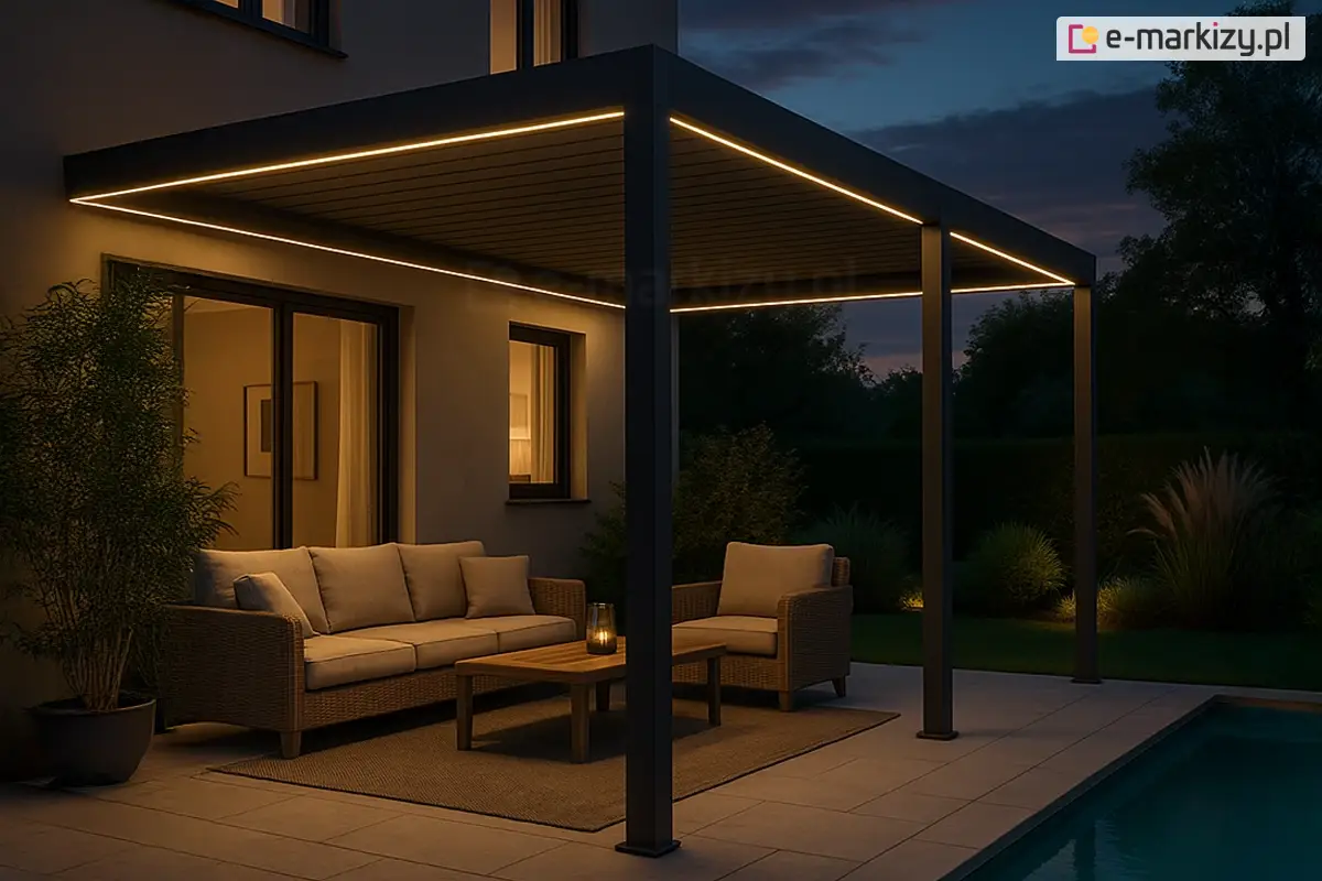 Stylowa pergola Marlo w wersji ściennej – zadaszenie tarasu z oświetleniem LED i elektrycznym dachem lamelowym osłaniająca meble wypoczynkowe na tarasie.