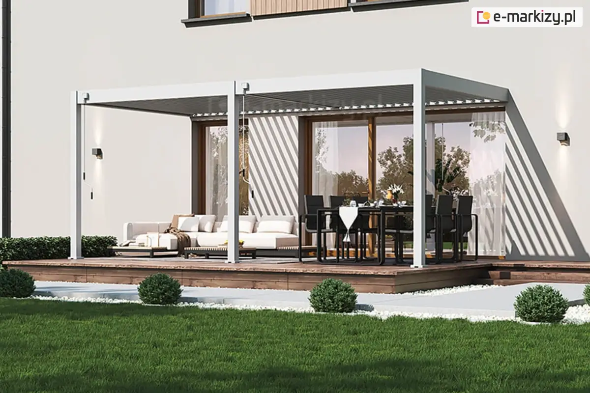 Minimalistyczna pergola Marlo przy ścianie nowoczesnego domu – idealne rozwiązanie dla tarasu dopasowane kolorystycznie do fasady budynku