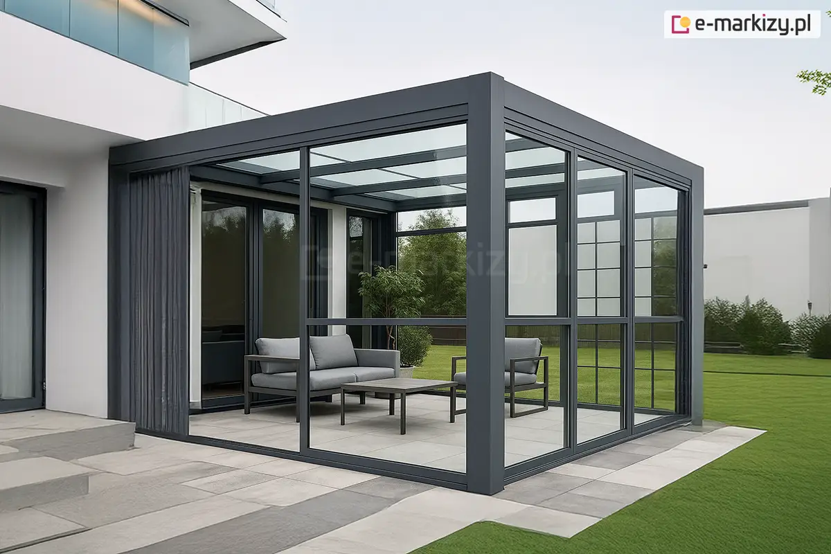 Nowoczesna realizacja ogrodu zimowego lub całorocznej zabudowy tarasu, zintegrowaną z bryłą minimalistycznego, białego budynku jednorodzinnego. Konstrukcja nośna została wykonana z grubych profili aluminiowych w kolorze antracytowym, które tworzą geometryczną ramę zadaszenia oraz ścian bocznych. W systemie wykorzystano szklane ściany stałe Fest, które dzielą przestrzeń na regularne sekcje za pomocą pionowych i poziomych szprosów, zapewniając pełną przezierność i ochronę przed warunkami atmosferycznymi. Dach konstrukcji jest w całości przeszklony, co pozwala na maksymalne doświetlenie wnętrza światłem dziennym. Wewnątrz przeszklonej strefy zaaranżowano miejsce do wypoczynku, wyposażone w komplet mebli tarasowych: dwuosobową sofę oraz fotel z szarymi, miękkimi poduchami, a także niski, prostokątny stolik kawowy z ciemnym blatem. Podłoże wewnątrz i wokół zabudowy stanowią wielkoformatowe płyty tarasowe w dwóch odcieniach szarości, ułożone w pasy. Po lewej stronie, przy ścianie budynku, widoczna jest pionowa przesłona materiałowa w formie bocznej rolety lub zasłony, zapewniająca dodatkową prywatność. Całość kompozycji dopełnia zadbany trawnik oraz niska roślinność ogrodowa widoczna w tle, co podkreśla spójność nowoczesnej architektury z otaczającą naturą.