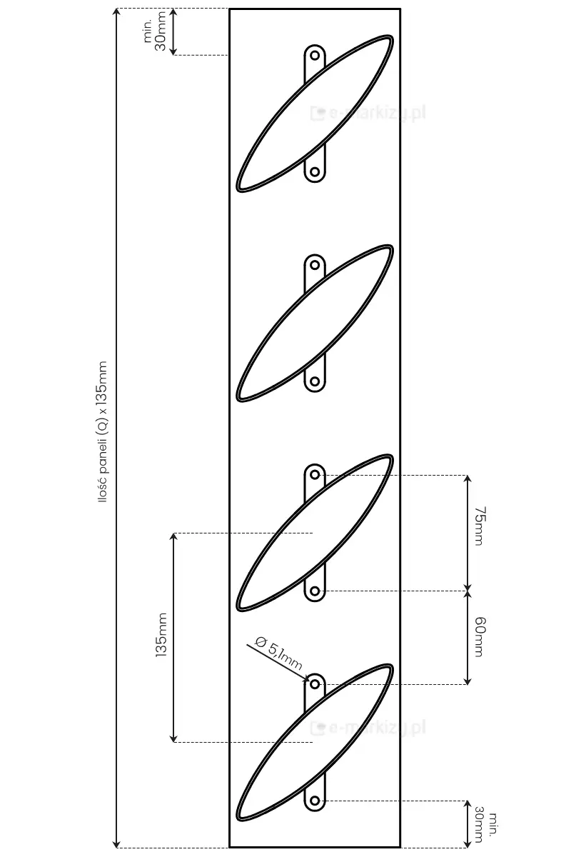Boczny przekrój paneli żaluzjowych Louvre w wersji stałej z naniesionymi najważniejszymi wymiarami