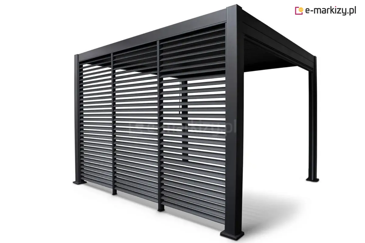 Aluminiowe panele boczne do pergoli Gloria z żaluzjowym wypełnieniem. Rozwiązanie zapewniające prywatność, cień i ochronę przed podmuchami wiatru.