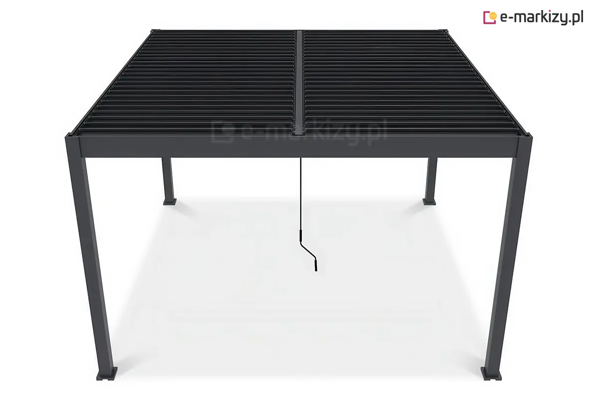 Otwierany dach żaluzjowy w pergoli Marlo Duo – antracytowe zadaszenie ogrodowe z podwójnym, niezależnie regulowanym dachem lamelowym sterowanym korbą, na aluminiowej konstrukcji o szerokości 4 metrów