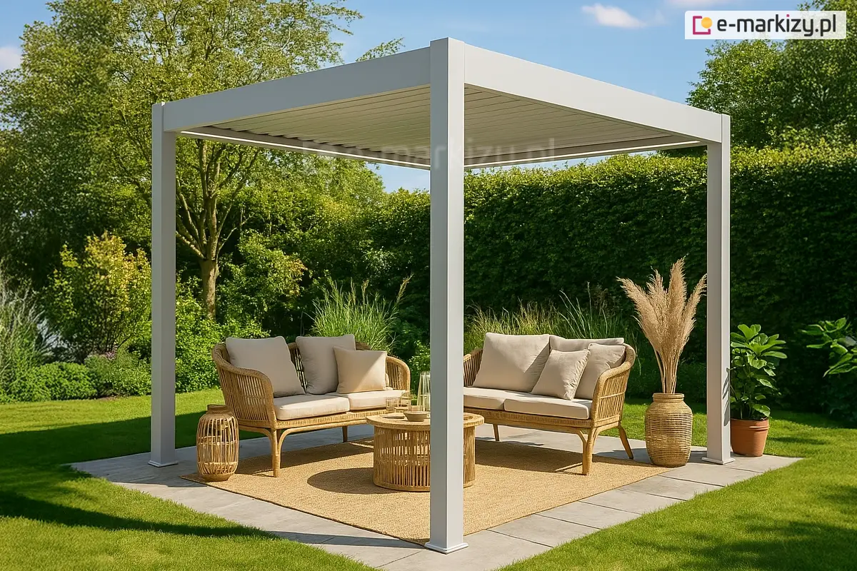 Kwadratowa pergola aluminiowa Marlo w białym kolorze, z obrotowymi lamelami dachowymi, ustawiona w eleganckim ogrodzie. Pod pergolą znajdują się dwa wiklinowe dwuosobowe fotele z beżowymi poduszkami, stolik kawowy oraz ozdobne donice z trawami i roślinami. Całość otoczona jest gęstą zielenią i tworzy przytulną strefę relaksu.