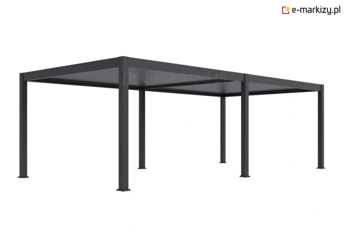 Pergola aluminiowa Rubio o długości 8 metrów, wsparta na 6 podporach w kolorze antracytowym. Konstrukcja modułowa z dachem z obracanych lameli zapewnia regulację światła i ochronę przed deszczem. Idealne rozwiązanie do dużych tarasów i ogrodów, łączące trwałość aluminium z eleganckim, nowoczesnym stylem.