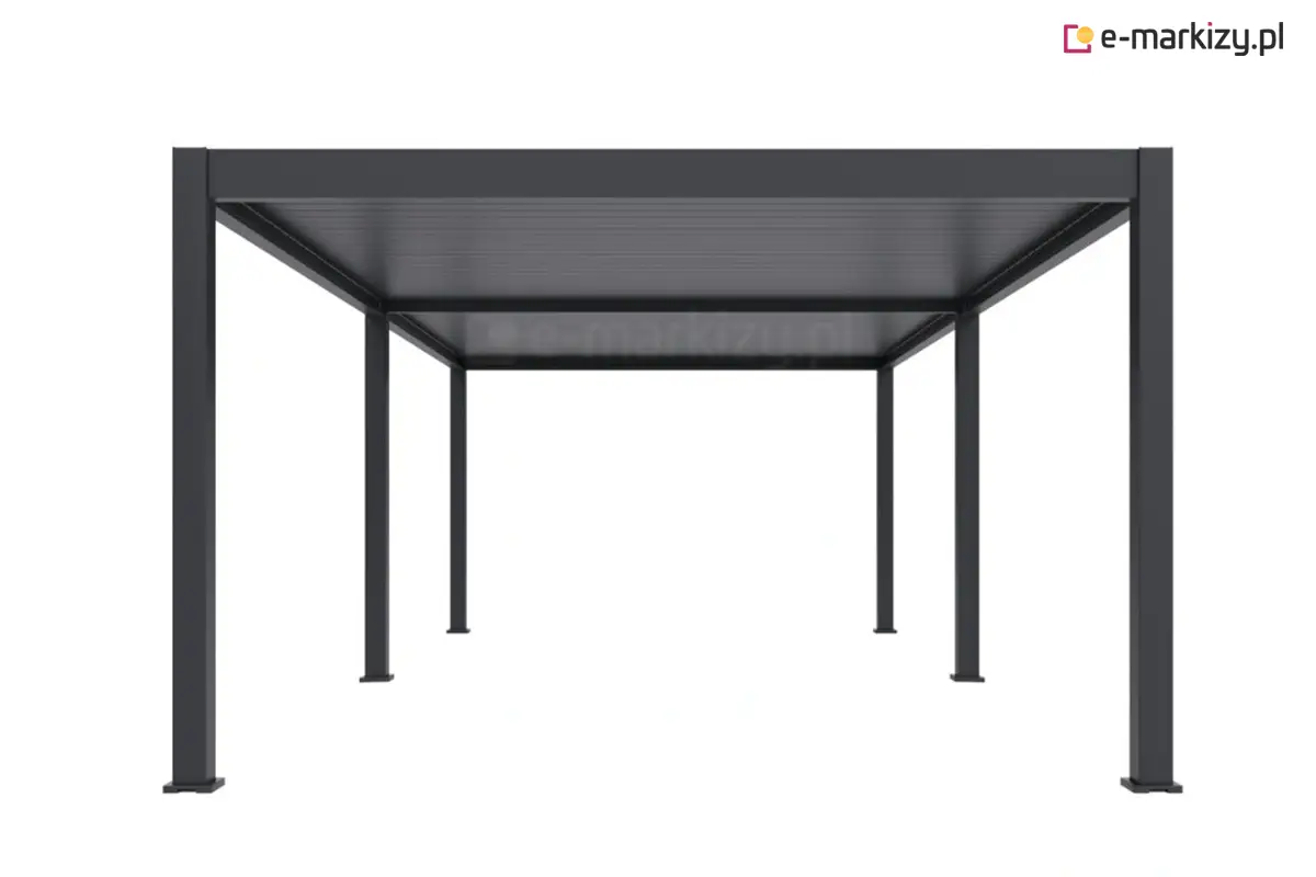 Pergola aluminiowa Rubio przedstawiona od boku, z solidną konstrukcją wspartą na sześciu nogach. Dach z lameli tworzy jednolitą, elegancką powierzchnię zapewniającą cień i ochronę przed deszczem. Minimalistyczna forma i trwałe aluminium sprawiają, że pergola doskonale sprawdza się w ogrodach i na dużych tarasach.