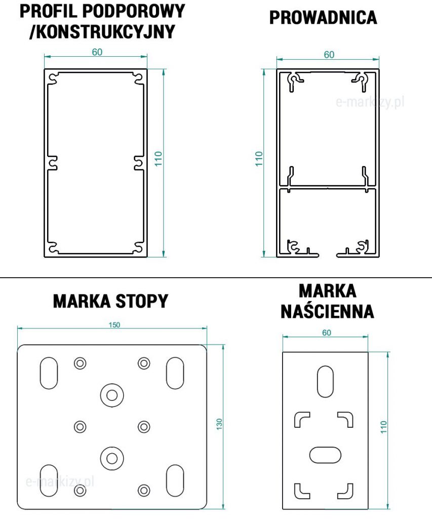 Pergola aluminiowa supro ścienna szczegóły, prowadnica pergoli wymiary, profil podporowy pergoli wymiary, marka stopy wymiary