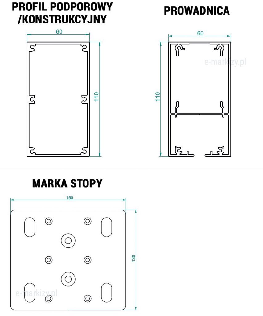Pergola aluminiowa supro wolnostojąca szczegóły, prowadnica pergoli wymiary, profil podporowy pergoli wymiary, marka stopy wymiary