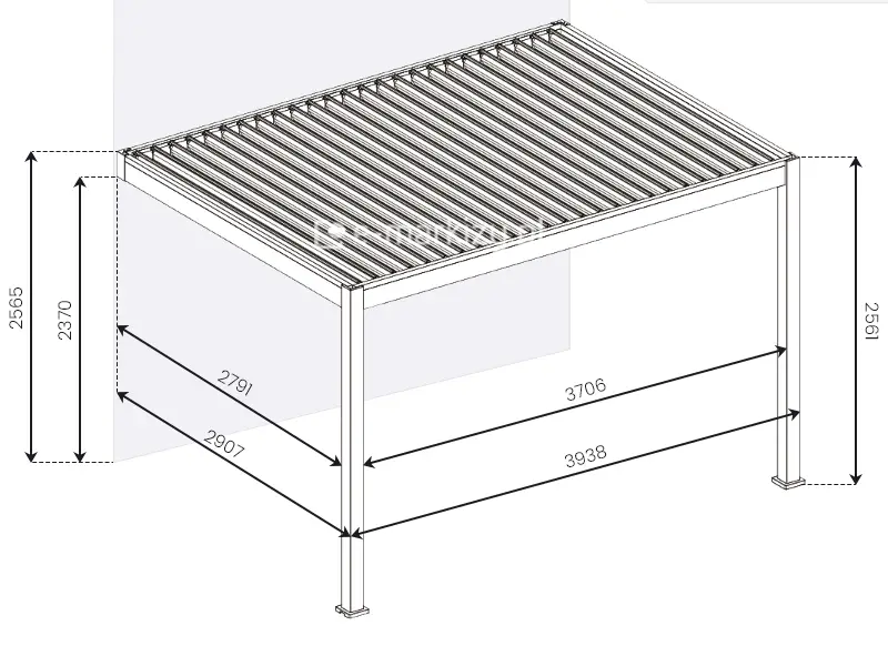 Pergola ścienna Marlo z dachem bioklimatycznym 4x3m szczegółowe wymiary