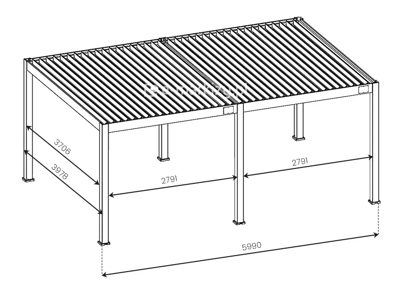 Szczegółowe wymiary pergoli na taras Rubio z dachem bioklimatycznym szerokości 6m