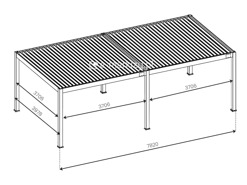 Szczegółowe wymiary pergoli na taras Rubio z dachem bioklimatycznym szerokości 8m