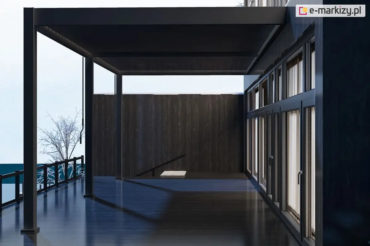 Przyścienna pergola Marlo z żaluzjowym dachem i aluminiowym stelażem – zamontowana bezpośrednio do elewacji.
