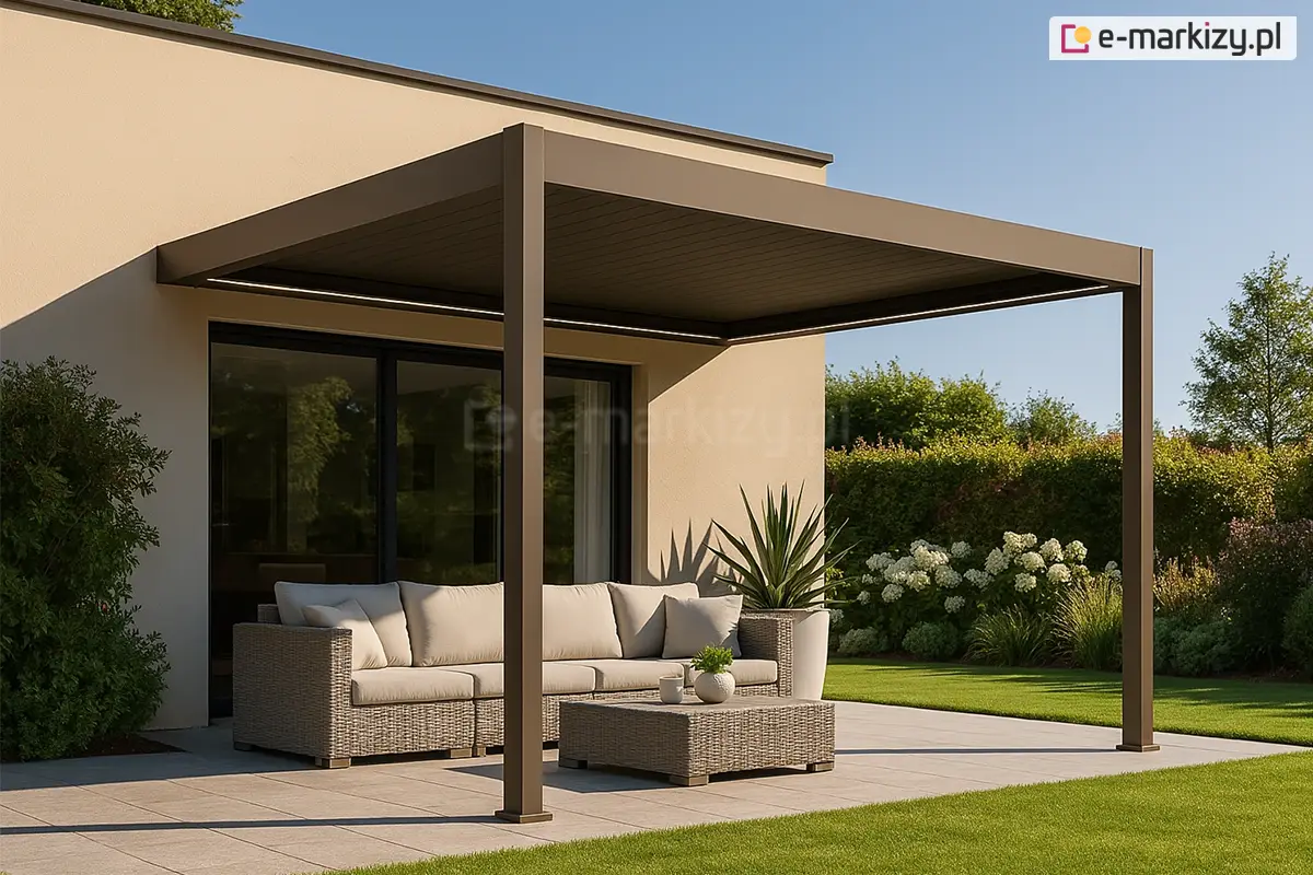 Stylowa pergola Marlo z elektrycznym sterowaniem dachem w kolorze taupe zamontowana do ściany jednopoziomego budynku, idealna do osłony nowoczesnych tarasów i ich wyposażenia.