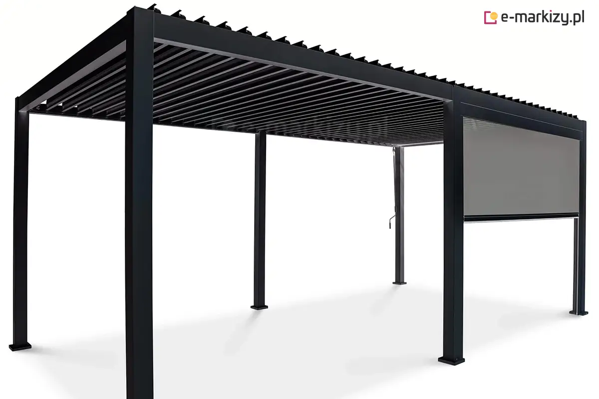 Antracytowa pergola 6-metrowa Gloria z zamontowanym refleksolem – roletą przeciwsłoneczną z prowadnicami. Stabilna ochrona przed promieniowaniem UV.