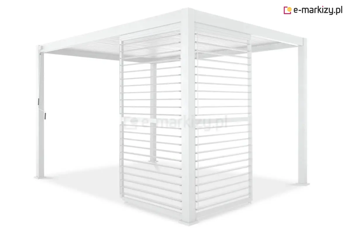 Biała pergola Gloria z panelami bocznymi wyposażonymi w regulowane lamele. Nowoczesna forma osłony przeciwsłonecznej z możliwością dopasowania kąta światła.