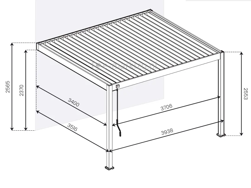 Pergola ścienna aluminiowa z lamelowym dachem Rubio Soft szczegółowe wymiary