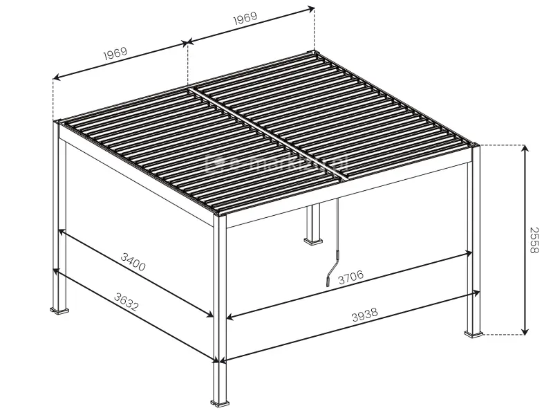 Szczegółowe wymiary wewnętrzne pergoli lamelowej Marlo Duo z dwoma dachami lamelowymi o szerokości 196,9cm