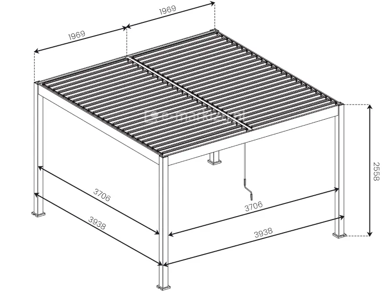 Pergola z podwójnym dachem Marlo Duo o wymiarach całkowitych 4x4m, wymiary między podporami