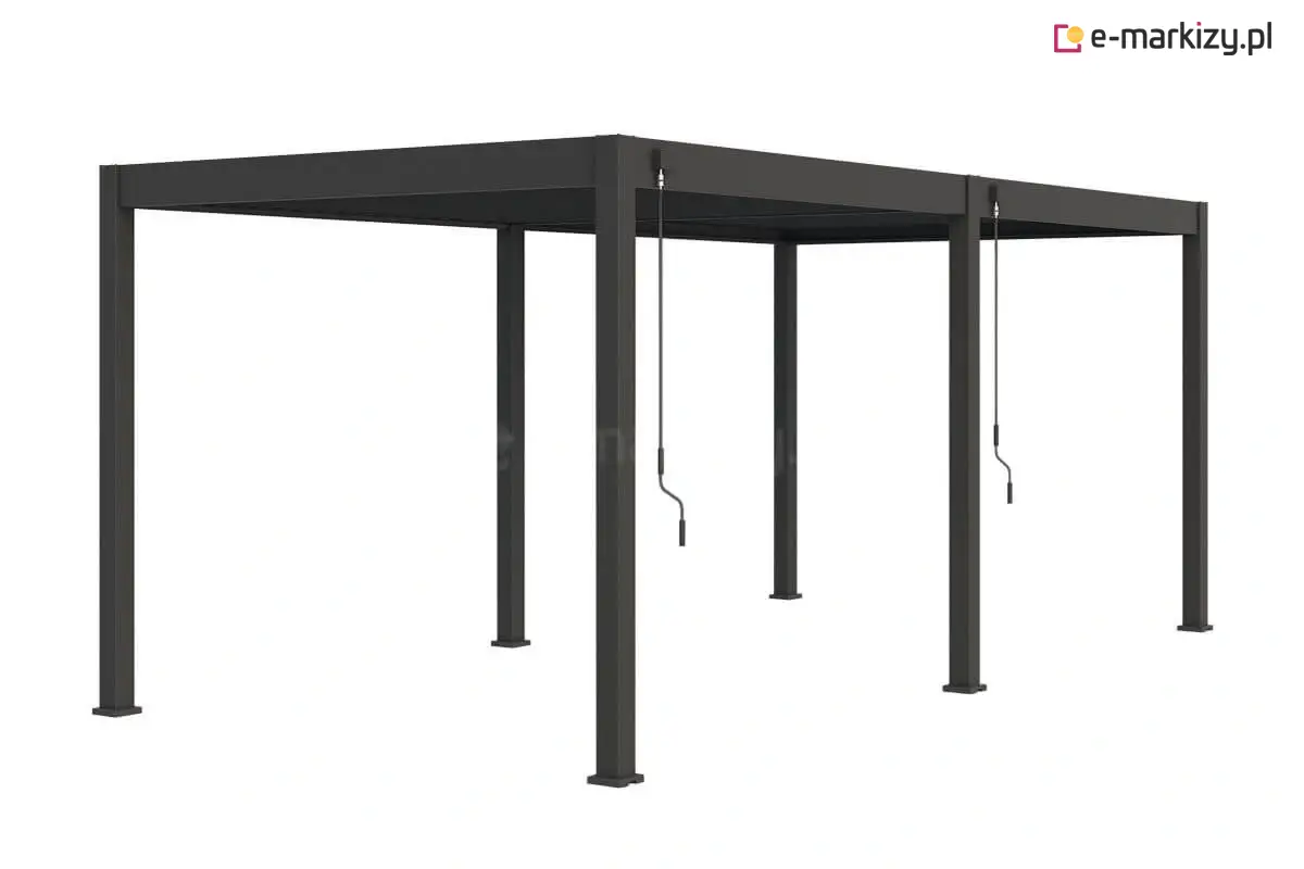 Pergola tarasowa Marlo w kolorze antracytowym, z podwójnym ręcznym systemem sterowania lamelami dachowymi. Solidna konstrukcja idealna na przestronne tarasy i ogrody.
