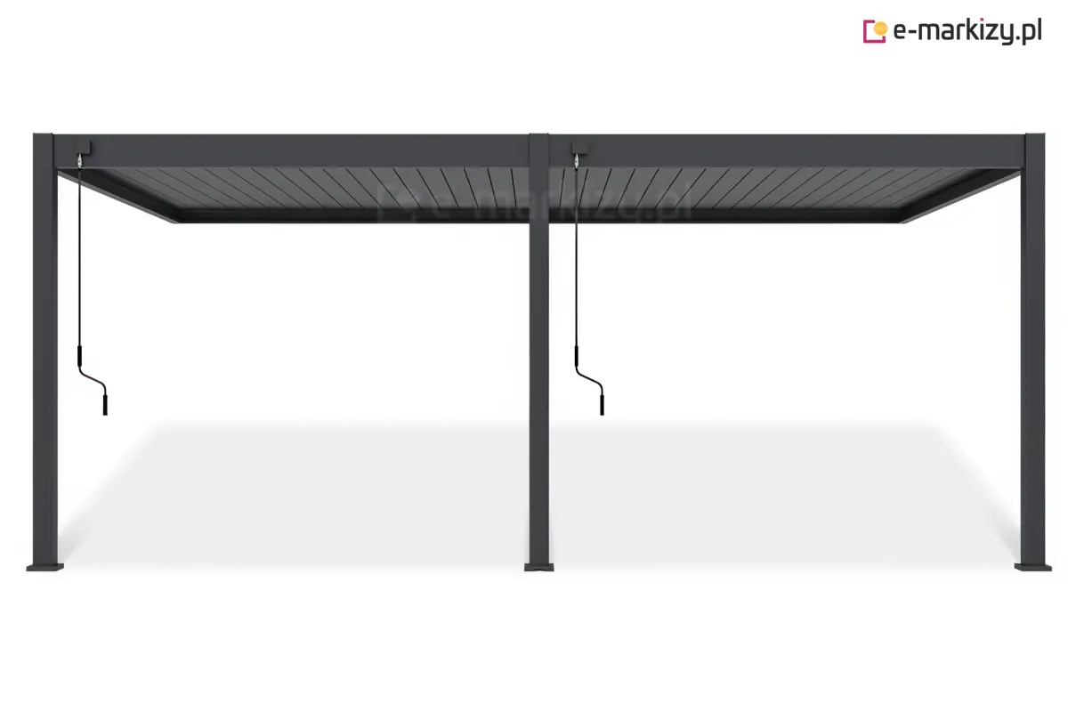 Pergola lamelowa Rubio Soft z dwoma niezależnie sterowanymi modułami dachu, przystosowana do dużych szerokości i wsparta na trzech mocnych podporach.