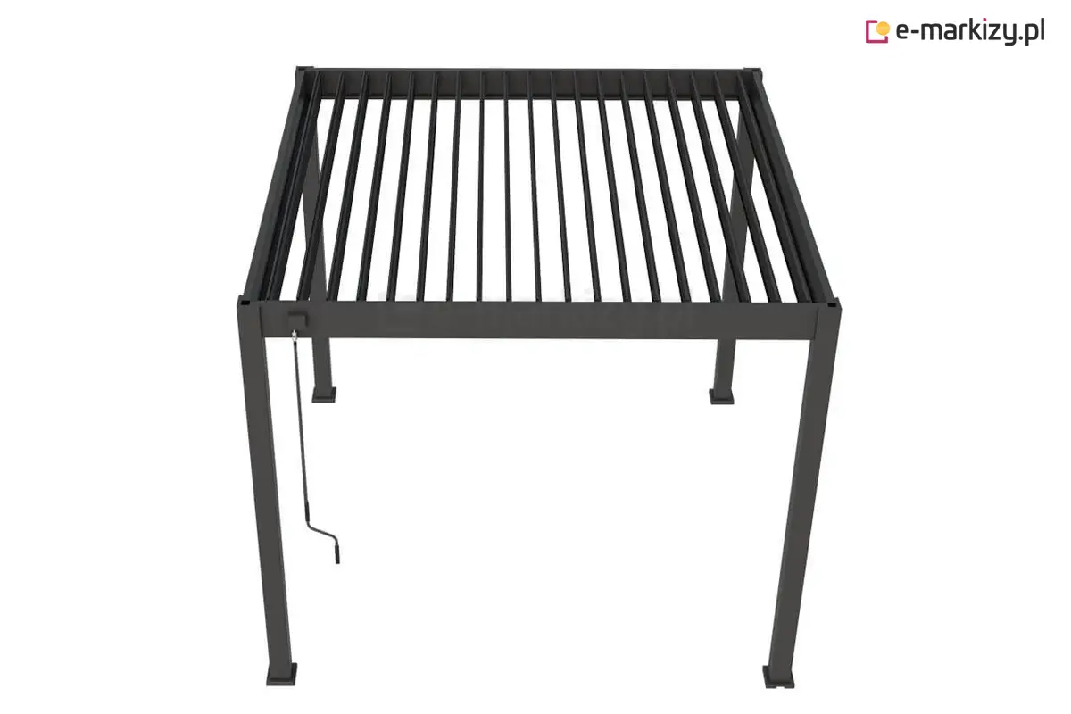 Widok z góry na nowoczesną pergolę tarasową Marlo w kolorze antracytowym, wyposażoną w dach z regulowanymi lamelami sterowanymi ręcznie. Idealna do ogrodu lub na taras, zapewnia ochronę przed słońcem i deszczem.