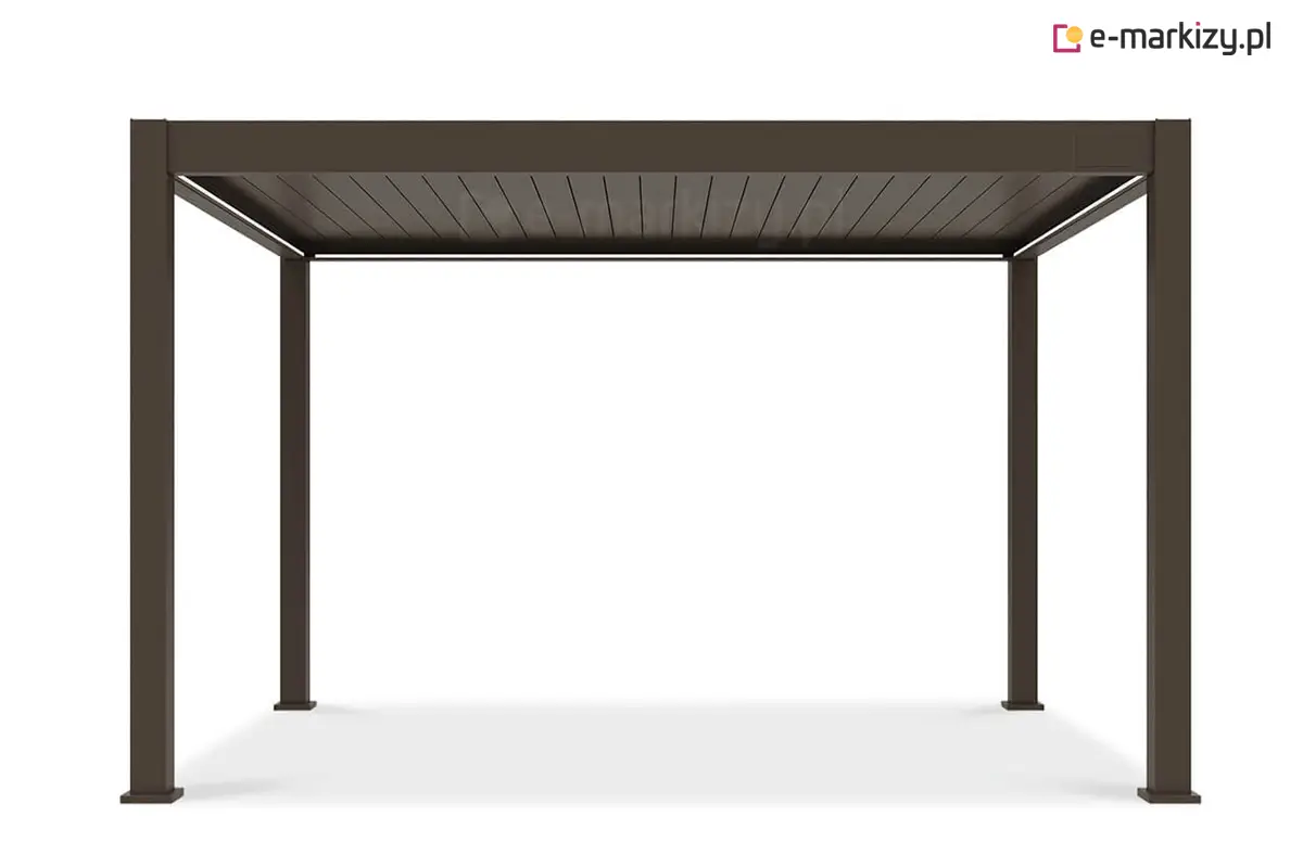 Brązowa pergola ogrodowa Rubio z aluminiową konstrukcją i dachem z ruchomych lameli, umożliwiających regulację kąta nachylenia. Solidne profile zapewniają stabilność i odporność na wiatr, a elegancki kolor dodaje konstrukcji ciepłego, naturalnego charakteru. Idealna pergola bioklimatyczna do tarasu lub ogrodu.