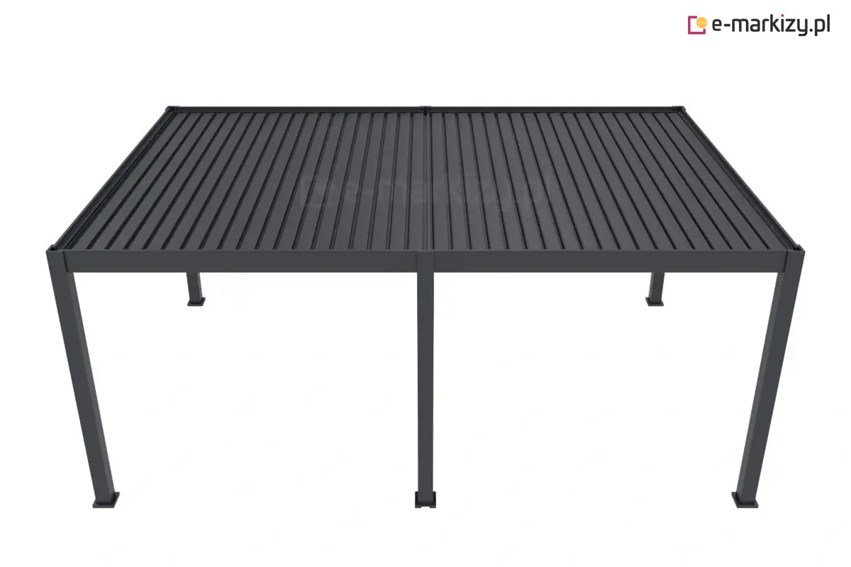 Pergola przydomowa Rubio o długości 6 metrów, wykonana z wytrzymałego aluminium w kolorze antracytowym. Dach z ruchomych lameli umożliwia regulację dopływu światła i cyrkulacji powietrza. Solidna konstrukcja wsparta na sześciu nogach idealnie sprawdza się jako zadaszenie tarasu lub przestrzeń relaksu przy domu.