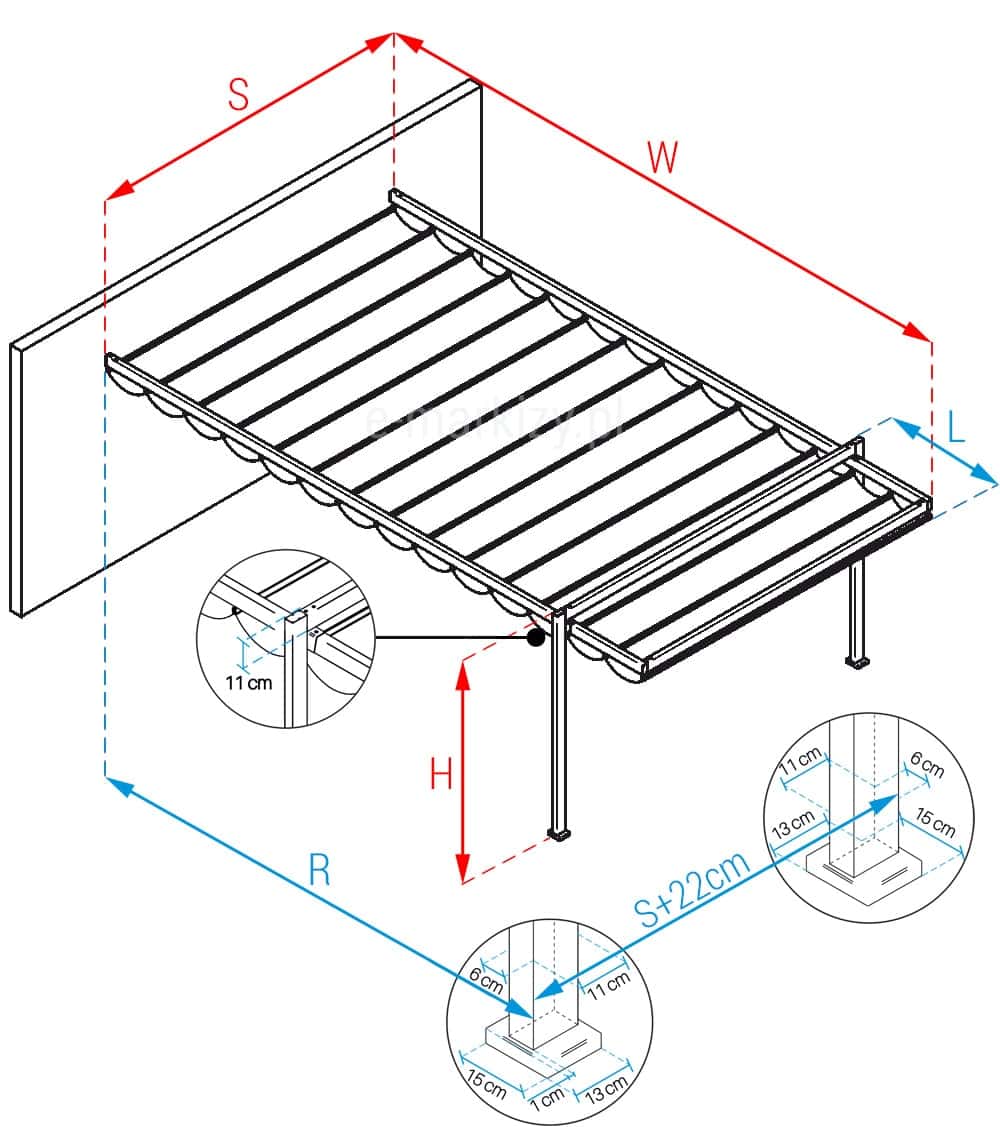 Pergola przyścienna supro one wymiarowanie 1 modułu, pomiar pergoli, rozstaw stóp pergoli