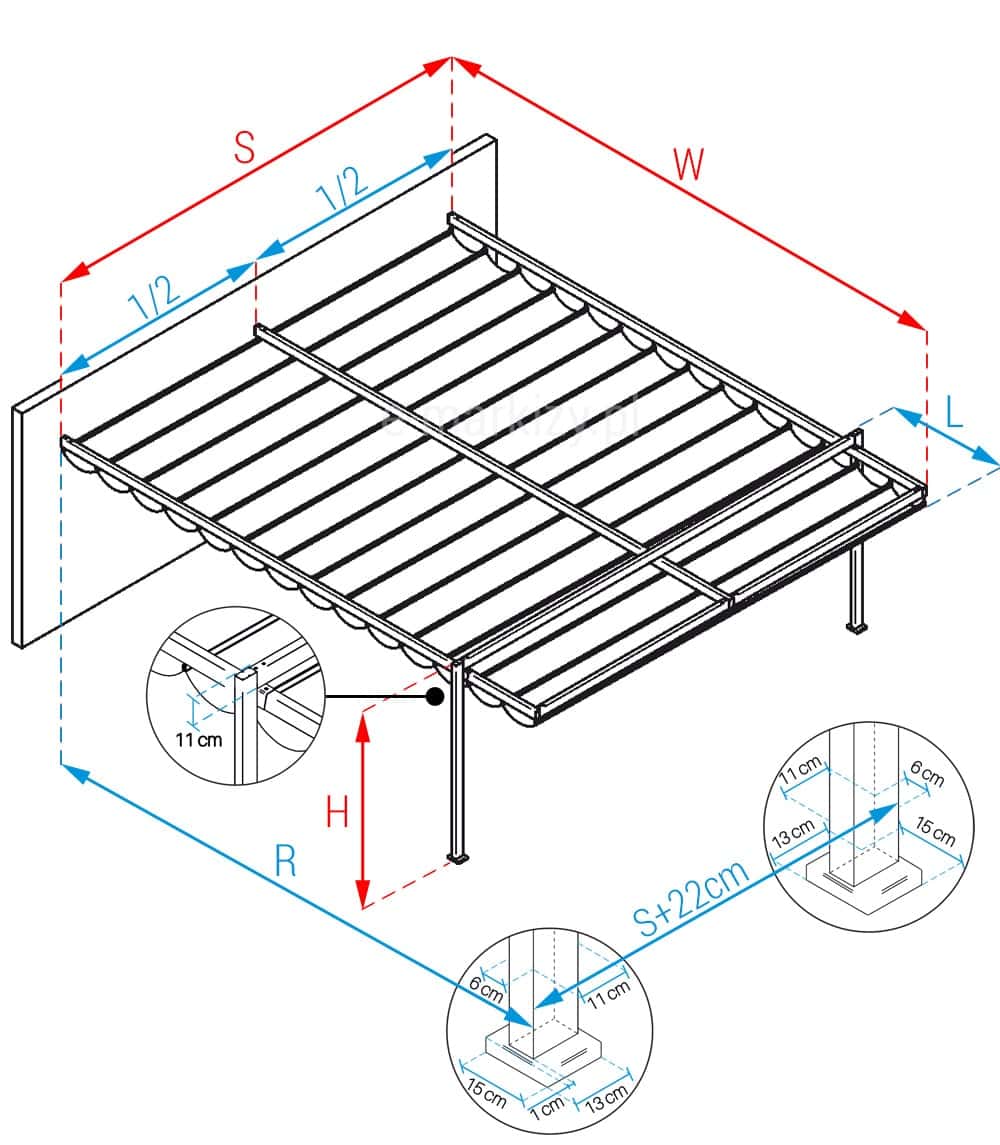 Pergola przyścienna supro one wymiarowanie 2 modułów, pomiar pergoli, rozstaw stóp pergoli