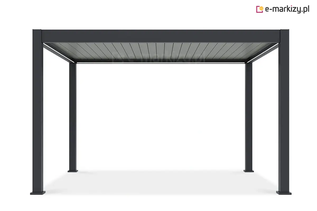 Pergola Rubio wolnostojąca o wymiarach 4x3 m, wykonana z aluminium w kolorze antracytowym. Konstrukcja z dachem z obrotowych lameli zapewnia regulowaną ochronę przed słońcem i deszczem. Prosty, geometryczny kształt i solidne profile nadają jej elegancki, nowoczesny charakter idealny do ogrodu lub na taras.