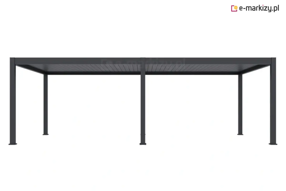 Pergola bioklimatyczna Rubio z podwójnym dachem z lameli aluminiowych, zapewniająca większą powierzchnię zadaszenia. Konstrukcja z sześcioma nogami gwarantuje stabilność, a nowoczesny system regulowanych lameli pozwala kontrolować ilość światła i przepływ powietrza. Idealna do dużych tarasów lub przestrzeni wypoczynkowych.