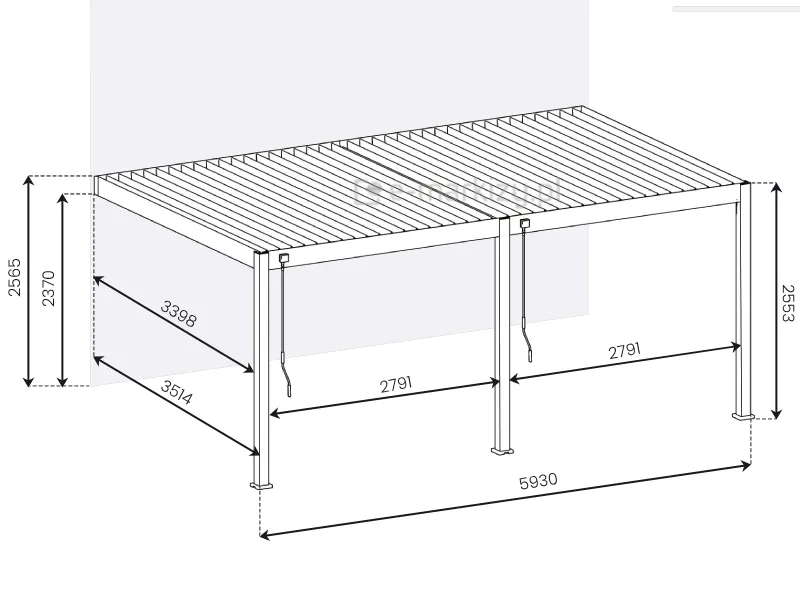 Pergola lamelowa z mocowaniami ściennymi na trzech przednich podporach szczegółowe wymiary Rubio Soft