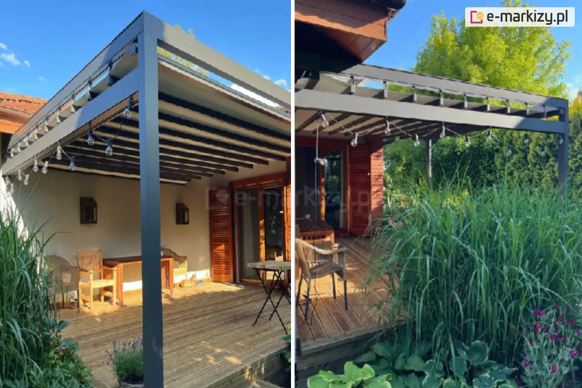 Pergola tarasowa Square Flat MOL z nowoczesną, grafitową konstrukcją aluminiową i zamontowanymi girlandami świetlnymi, ustawiona przy drewnianym tarasie domu z drewnianymi okiennicami, otoczona bujną roślinnością i kwiatami w ogrodzie.