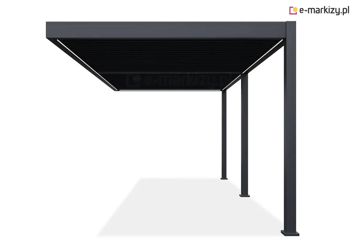 Antracytowa pergola Marlo do montażu przy ścianie domu – eleganckie zadaszenie tarasu z dwoma dachami lamelowymi wsparte na trzech nogach.