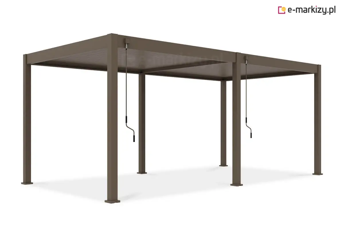 Duża pergola tarasowa Marlo w kolorze taupe z dwoma niezależnymi mechanizmami sterowania lamelami. Solidna konstrukcja aluminiowa idealna do przestronnych tarasów, ogrodów i stref relaksu na świeżym powietrzu.