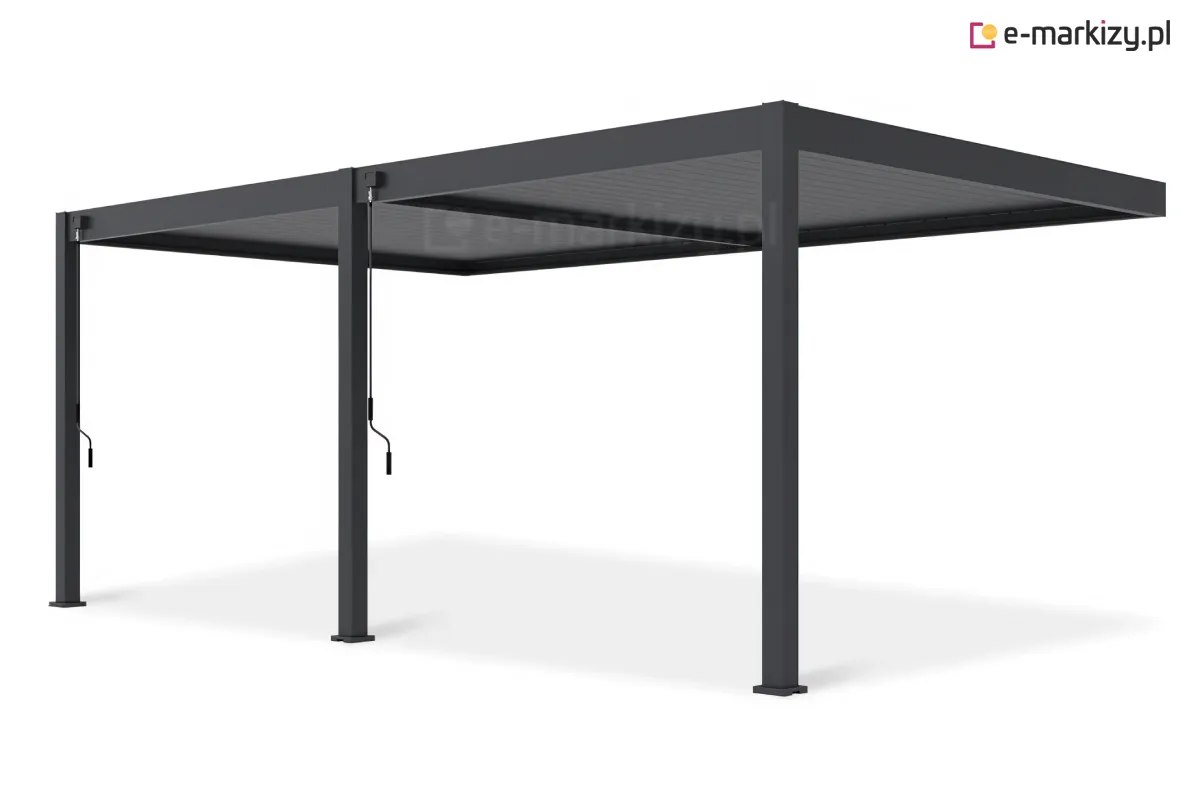 Pergola ochronna na taras Rubio Soft z dwoma modułami dachu sterowanymi niezależnymi korbami tworzy szerokie zadaszenie ogrodu, dając cień na całej powierzchni dużego tarasu.