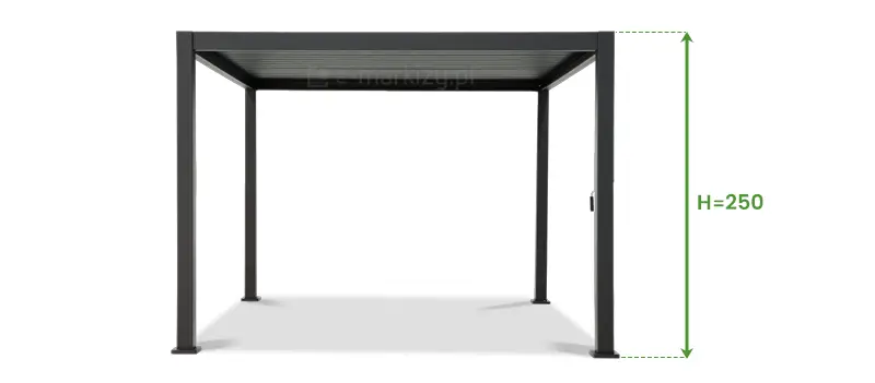 Wymiarowanie wysokości całkowitej H pergoli bioklimatycznej Gloria w wersji wolnostojącej