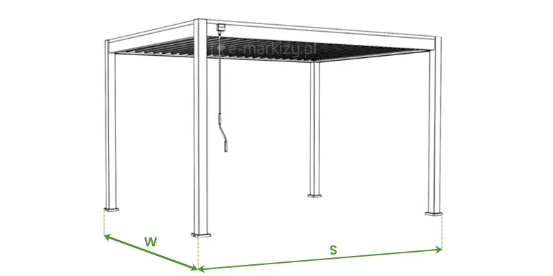 Pergola tarasowa lamelowa Marlo o szerokości 3 lub 4 metrów i wysięgu 3 metrów w wersji wolnostojącej wspartej na czterech podporach