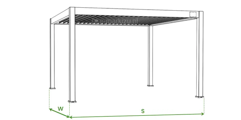 Pergola tarasowa lamelowa Rubi o szerokości 3 lub 4 metrów w wersji wolnostojącej wspartej na czterech podporach