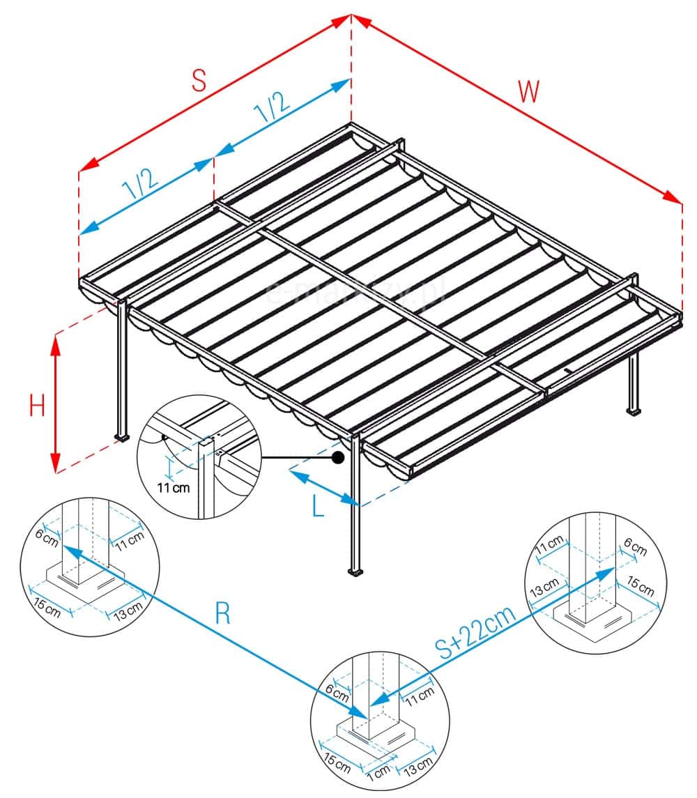 Pergola wolnostojąca supro one wymiarowanie 2 modułów, pomiar pergoli, rozstaw stóp pergoli