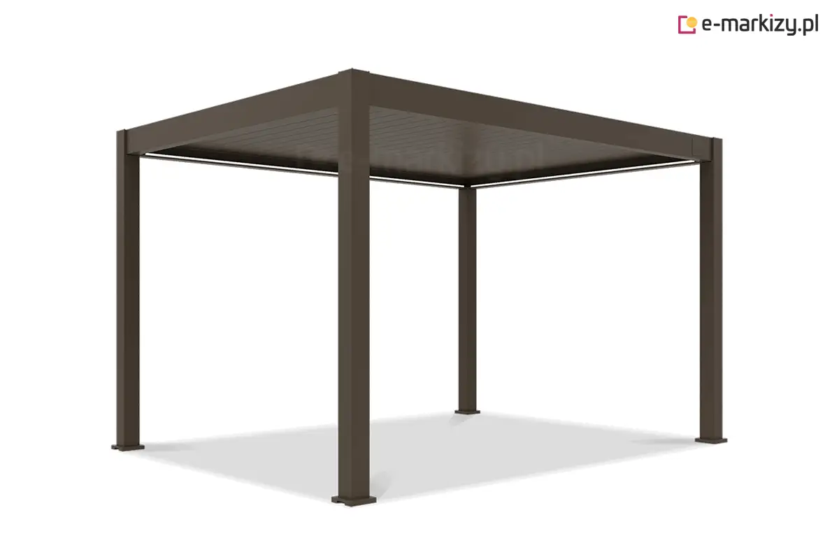 Pergola bioklimatyczna Rubio w kolorze taupe, wykonana z trwałego aluminium o nowoczesnym, minimalistycznym designie. Konstrukcja z ruchomymi lamelami dachowymi umożliwia regulację światła i wentylacji. Pergola wolnostojąca idealna na taras lub do ogrodu, zapewniająca elegancką ochronę przeciwsłoneczną.