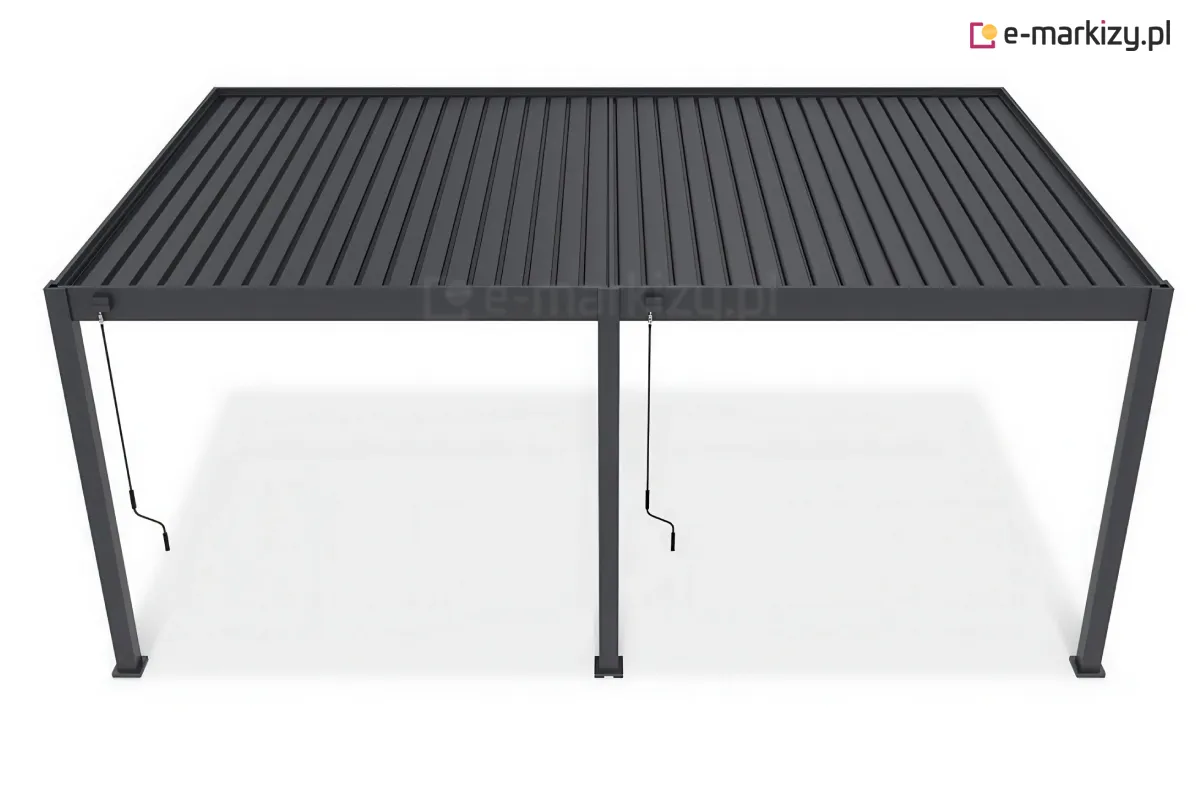 Pergola ochronna na taras Rubio Soft z obrotowymi lamelami sterowanymi korbkami zwisającymi z konstrukcji, tworzy całoroczne, bioklimatyczne zadaszenie ogrodu, zapewniając regulowany cień i ochronę przed słońcem.