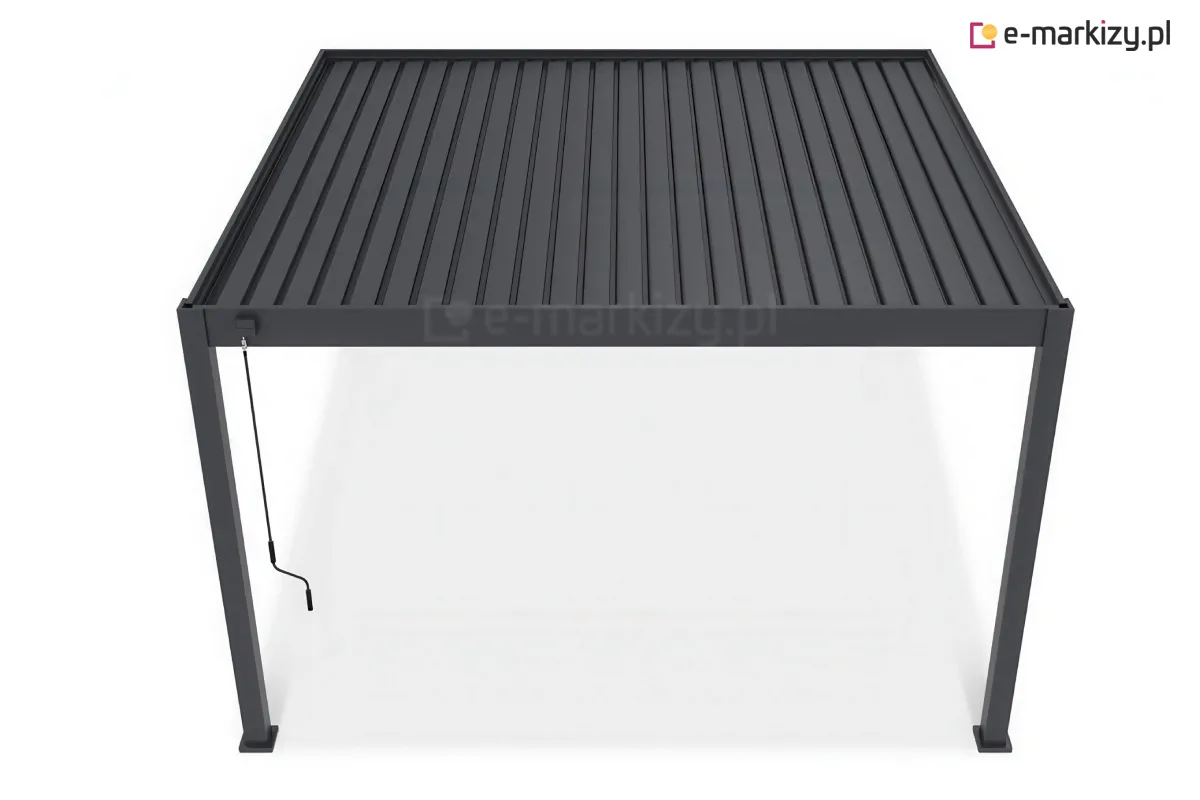 Pergola Rubio Soft z aluminiowym dachem żaluzjowym obracanym korbą, pokazana z góry, w pełni zadaszona lamelami ułożonymi prostopadle do ściany montażowej, w antracytowym kolorze konstrukcji.