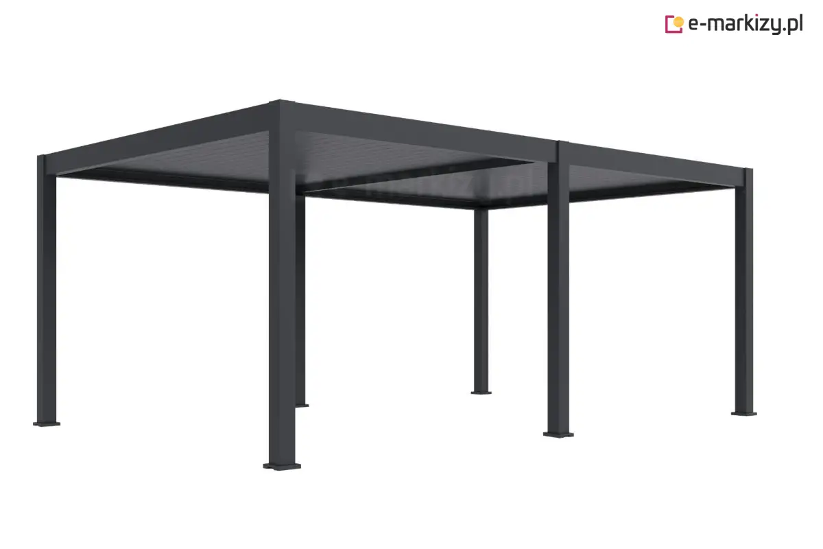 Pergola tarasowa Rubio o szerokości 6 metrów, wykonana z trwałego aluminium w kolorze antracytowym. Konstrukcja przystosowana do zabudowy modułowej umożliwia łączenie segmentów i dopasowanie do dużych tarasów. Dach z regulowanymi lamelami zapewnia skuteczną ochronę przed słońcem i deszczem, tworząc komfortową przestrzeń wypoczynku.