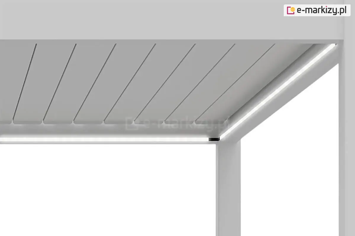 Zintegrowane taśmy LED w pergoli Marlo – subtelne oświetlenie przestrzeni tarasowej zamontowane wokół ramy dachu, idealne na wieczorny relaks pod zadaszeniem.